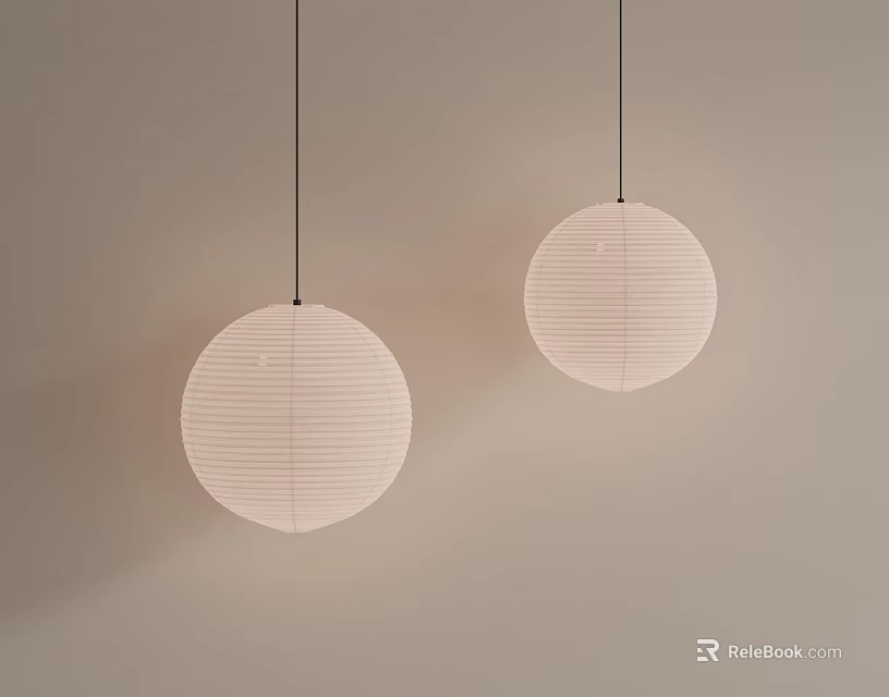 Modern Two White Round Striped Pendant Lights Hanging On Light Colored Wall 3d model 