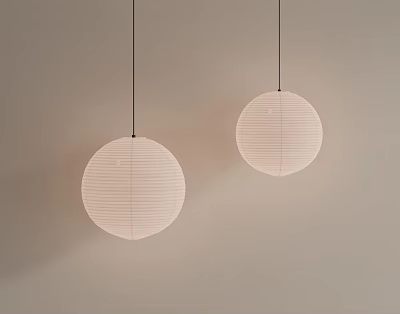 Modern Two White Round Striped Pendant Lights Hanging On Light Colored Wall 3d model