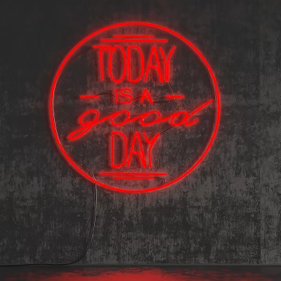 Red neon decorative light with circular TODAY IS A GOOD DAY text on dark background 3d model