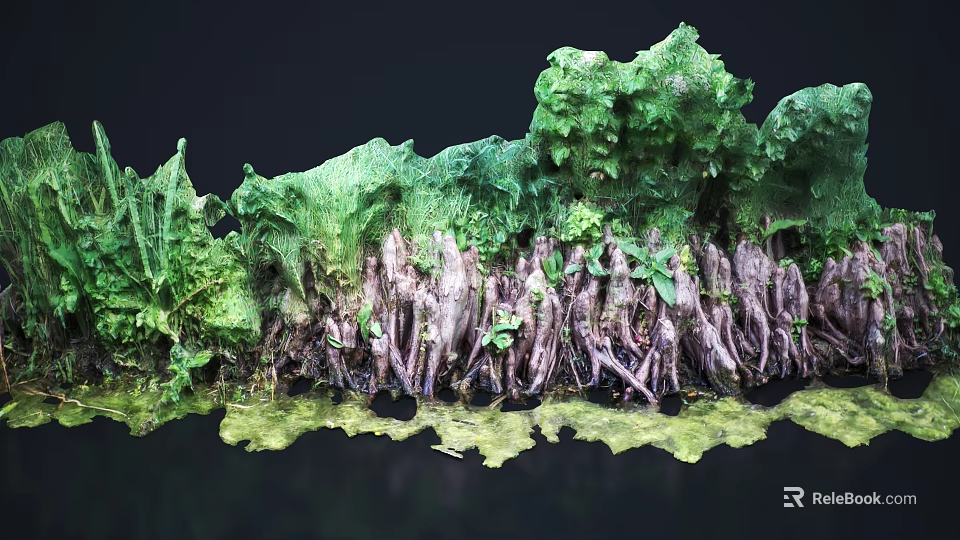 Green Mossy Fern Plants With Exposed Roots And Holes In Natural Wild Setting 3d model 