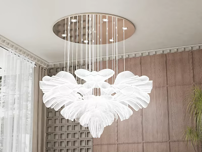 White Petal Shaped Chandelier in Indoor Scene With Wooden Wall and Curtain 3d model