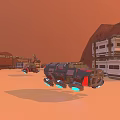 Cartoon Scenic Martian Base Desert Landscape With Vehicles Solar Panels Circular Tracks And Rocky Terrain