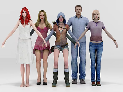 Game and Movie Characters with Diverse Hairstyles Different Outfits Standing in a Row 3d model