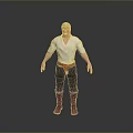 Man with White Hair Wearing White Shirt Brown Belt Black Pants and Red Boots