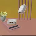 Yellow Background With Pink Pillars Yellow Tulips And Daily Electrical Appliances On Books And Floating