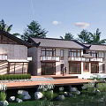 Modern Lakeside Homestay Building With Wooden Roof And Large Windows Surrounded By Trees