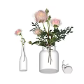 Pink Flowers in Transparent Vases with Green Leaves and White Rabbit Decoration