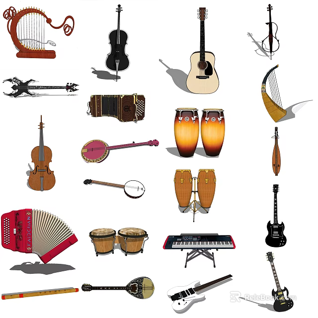 Diverse Collection of Musical Instruments Including Guitar Cello Drums Keyboard and Harp 3d model 