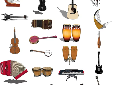 Diverse Collection of Musical Instruments Including Guitar Cello Drums Keyboard and Harp 3d model