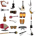 Diverse Collection of Musical Instruments Including Guitar Cello Drums Keyboard and Harp