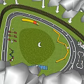 Wooded Surroundings Circular Fenced Children's Playground With Track Slides Swings Green Lawn And Gray Path