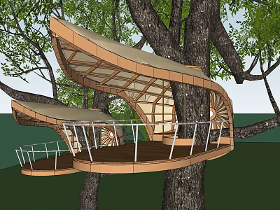 Modern Wooden Treehouse Structure Featuring Open Platform Railings And Leaf Shaped Canopy 3d model