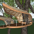 Modern Wooden Treehouse Structure Featuring Open Platform Railings And Leaf Shaped Canopy 3d model