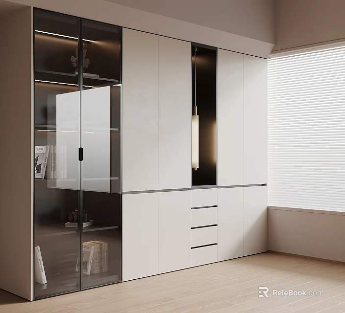 Modern Wardrobe Interior Design With Glass Doors White Cabinetry And Window Blinds 3d model 