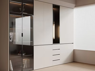 Modern Wardrobe Interior Design With Glass Doors White Cabinetry And Window Blinds 3d model
