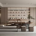 Traditional Tea Room Interior With Wooden Shelves Tea Sets Long Table And Potted Plants