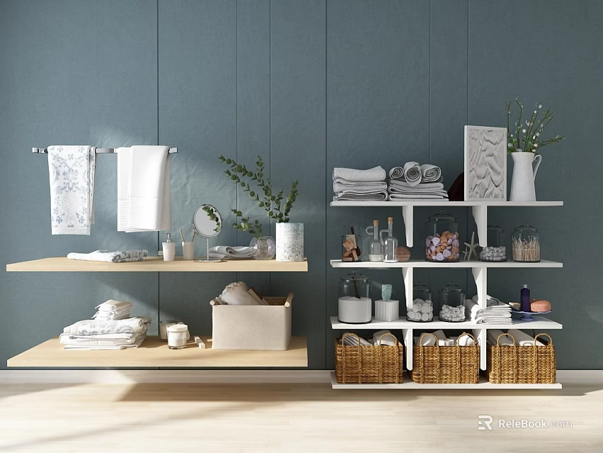 Modern Bathroom Shelves with Wooden Racks Towels Toiletries and Storage Baskets 3d model 