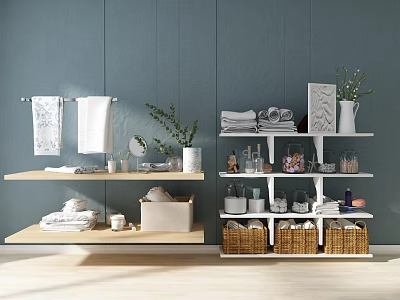 Modern Bathroom Shelves with Wooden Racks Towels Toiletries and Storage Baskets 3d model