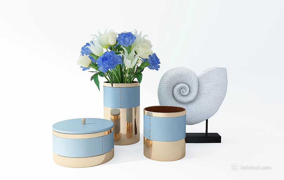 Stylish Blue and Gold Vase with Blue and White Flowers and Spiral Shell Decorative Boxes 3d model 