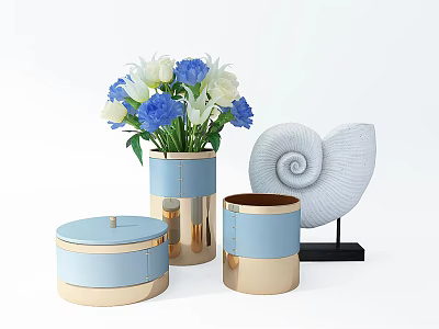 Stylish Blue and Gold Vase with Blue and White Flowers and Spiral Shell Decorative Boxes 3d model