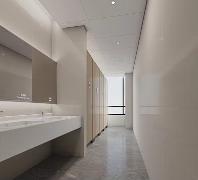 Modern Public Restroom With Sink Mirror Partitions And Bright Lighting 3d model