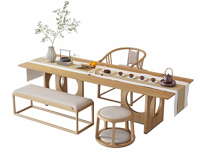 Natural Wooden Chinese Style Tea Table and Chairs with Tea Set Vase and Green Plant 3d model