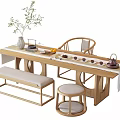 Natural Wooden Chinese Style Tea Table and Chairs with Tea Set Vase and Green Plant