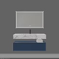 Modern Bathroom Vanity with Rectangular Mirror Marble Countertop Blue Cabinet and Stacked Towels 3d model