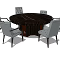 Round Dark Colored Dining Table Set With Six Gray Upholstered Armchairs 3d model