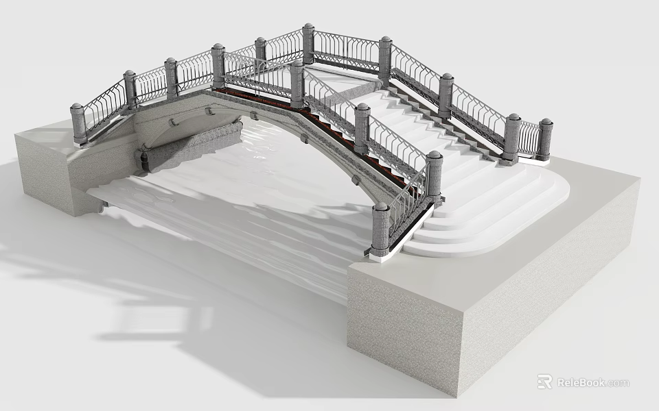 Stone Arch Bridge With Decorative Railing And Staircase Steps Design 3d model