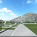 Modern Geometric Office Building Featuring Purple Panels Glass Facade Green Trees And Road With Cars