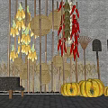 Rustic Building Exterior Wall Decorated With Corn Chilies Farm Tools And Pumpkins 3d model