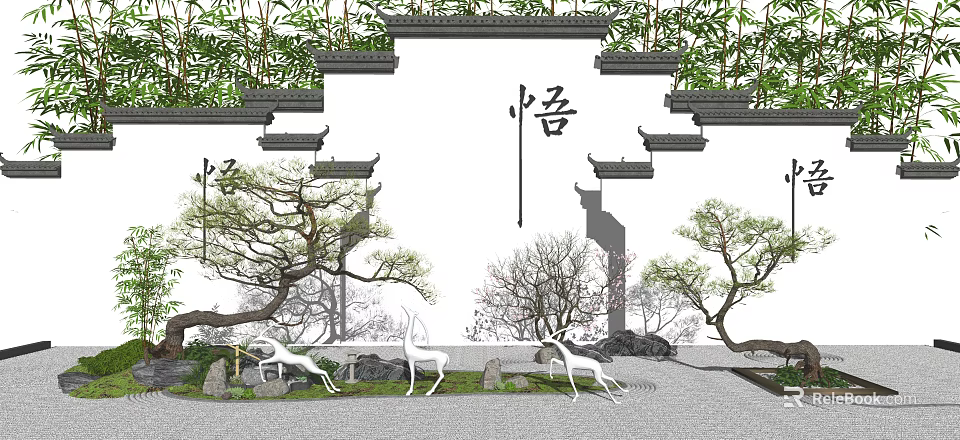 Karesansui Garden Landscape With Stone Arrangements Pine Trees And White Deer Statues On Gravel Ground 3d model 