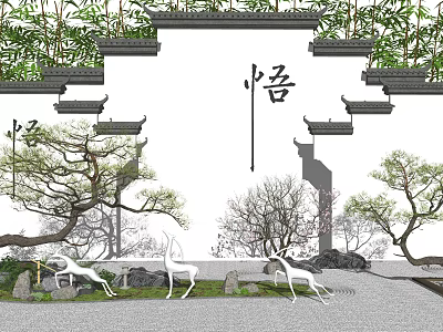 Karesansui Garden Landscape With Stone Arrangements Pine Trees And White Deer Statues On Gravel Ground 3d model