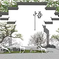 Karesansui Garden Landscape With Stone Arrangements Pine Trees And White Deer Statues On Gravel Ground