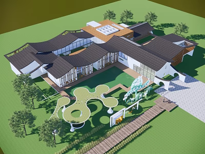 Boutique Guesthouse Architecture Modern Traditional Style With Lush Greenery Garden Courtyard And Glass Windows 3d model