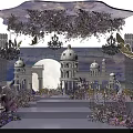 Wedding Stage with White Architectural Decorations Purple Pink Floral Arrangements and Dining Tables