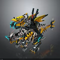 Colorful Mechanical Dinosaur Creature With Yellow Gray Armor Wings And Glowing Blue Accents