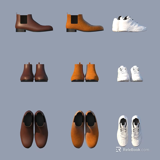 Trendy Brown Orange Ankle Boots and White Sneakers Fashion Shoes 3d model 