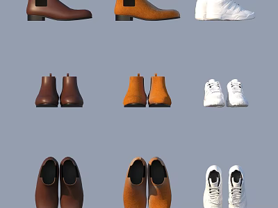 Trendy Brown Orange Ankle Boots and White Sneakers Fashion Shoes 3d model