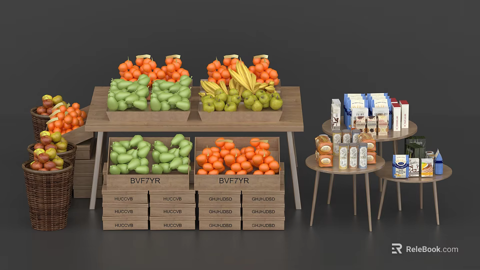 Decorative Fruit And Drink Display Set With Wooden Crates Small Tables And Assorted Beverages 3d model 
