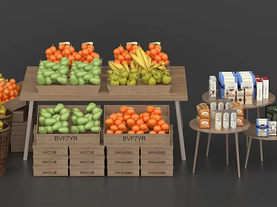 Decorative Fruit And Drink Display Set With Wooden Crates Small Tables And Assorted Beverages 3d model