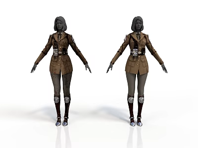 Two 3D Character Models Wearing Brown Military Style Uniforms With Belt And Boots 3d model