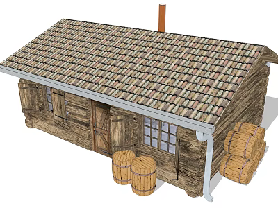 Traditional Log Cabin Exterior With Tiled Roof Wooden Barrels And Hay Bales 3d model