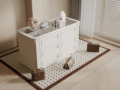 White Bathroom Vanity With Flower Vase Toiletries And Handbags On Polka Dot Rug 3d model