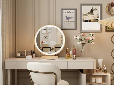Modern Dressing Table with Round Illuminated Mirror Cosmetics Pink Flower Vase and Decorative Paintings 3d model