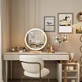 Modern Dressing Table with Round Illuminated Mirror Cosmetics Pink Flower Vase and Decorative Paintings