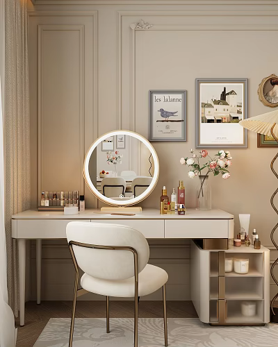 Modern Dressing Table with Round Illuminated Mirror Cosmetics Pink Flower Vase and Decorative Paintings 3d model