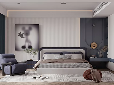 Modern Bedroom Interior With Bed Headboard Mickey Mouse Artwork Accent Chair And Rug 3d model