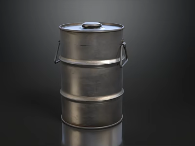 Silver Metal Barrel With Handle And Lid On Black Reflective Background 3d model